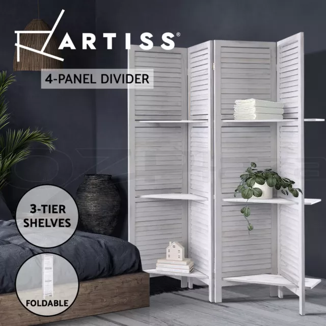 Artiss 4 Panel Room Divider Screen Partition Privacy Timber Shelf Stand White