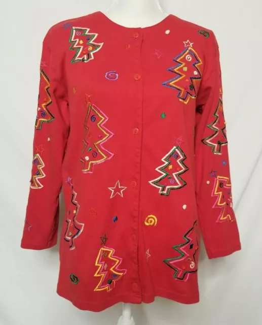 Michael Simon Lite Womens S Cardigan Sweater Embroidered Christmas Trees Red