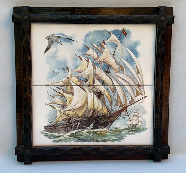 Vintage Nautical Tile Art Tall Ships At Sea Old Sailing Vessel 4 Tiles Framed