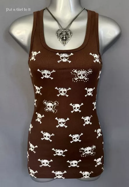 New VOCAL Womens CRYSTAL CHOCOLATE BROWN SUGAR SKULL TANK TOP SHIRT S M L