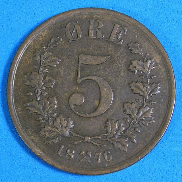 1876 Norway 5 Ore Bronze Coin, nice collectible grade, 8 gr 27 mm