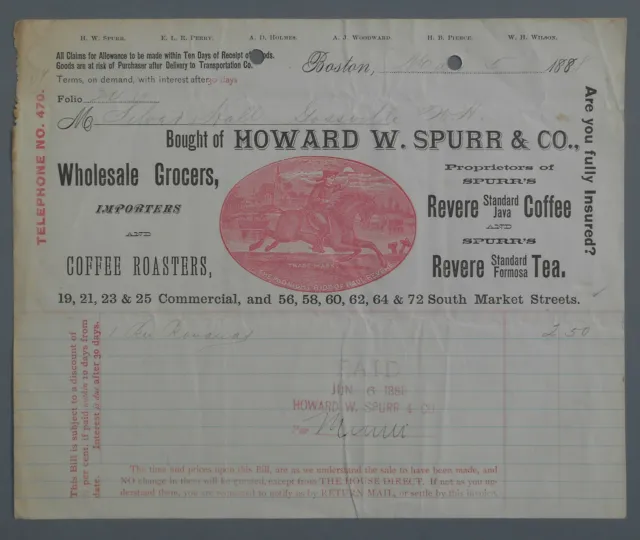 1888 Billhead Paul Revere Coffee Roasters Boston Howard Spurr Ephemera