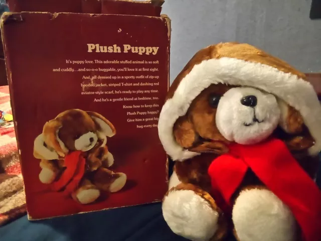 VINTAGE 1982 AVON Brown Puppy Dog Plush Stuffed Animal Stripped