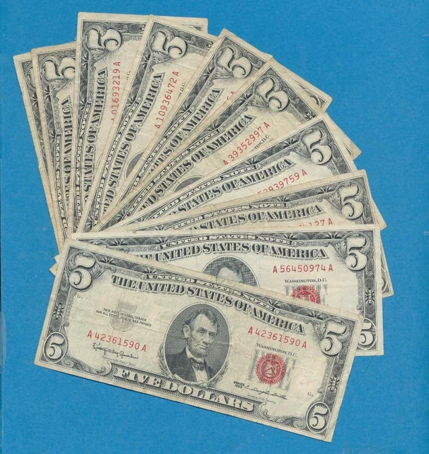 10-$5.00 1963 Series Red Seal United States Notes, Dealers Lot