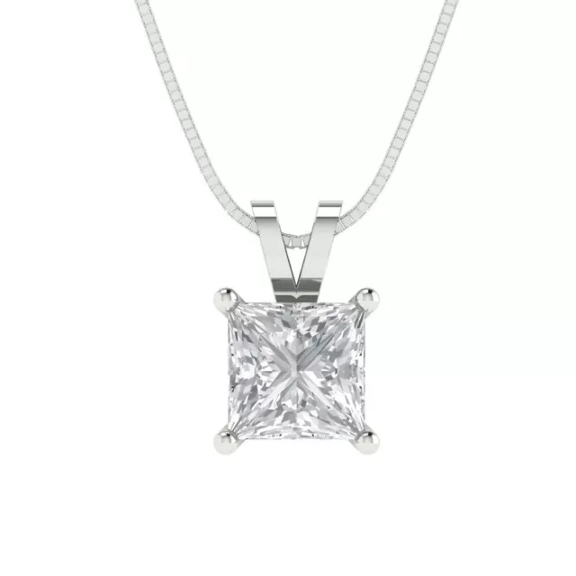 1.0ct Princess Cut Clear Simulated Pendant 18" chain Real 14k Solid White Gold