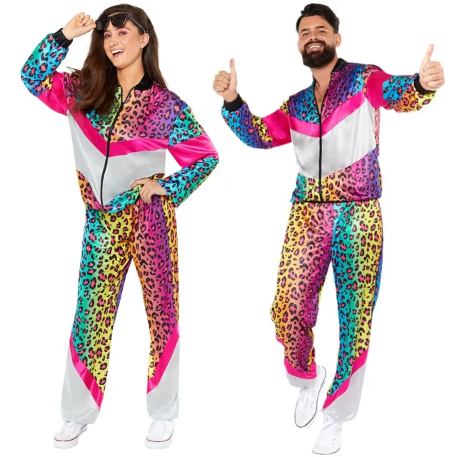 Adult Neon Rainbow Leopard Print Shell Suit Fancy Dress Animal Costume 80s Retro