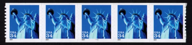 Usa, Scott # 3477, Strip Of 5 Stamps Of Pnc5 # 1111 Of Statue Of Liberty, Mnh