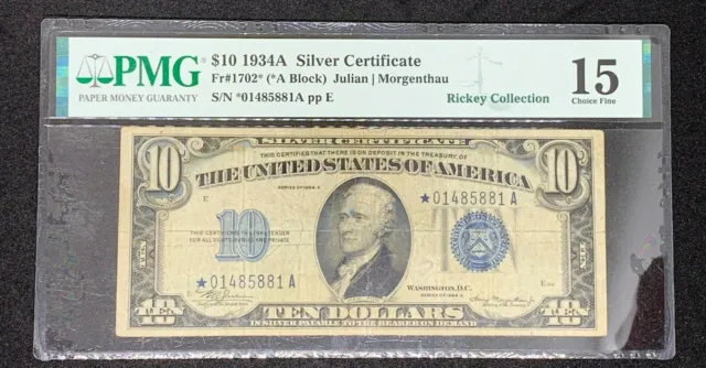 1934-A $10 Silver STAR Fr. 1702* PMG 15 Serial *01485881A *free Ship*