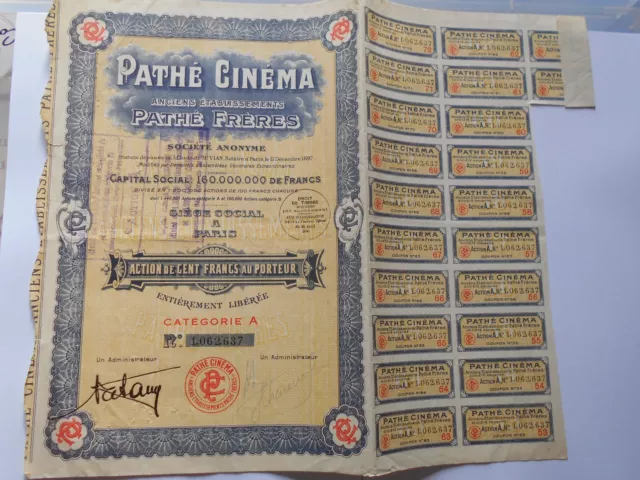 Vintage share certificate Stocks bonds actions Pathé Cinema 1930