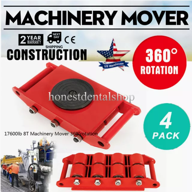 4Pcs/Set Machine Dolly Skate Machinery Roller Mover Cargo Trolley 17600lb/8T Red