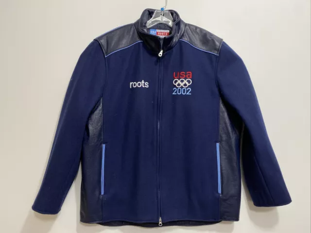 Vtg 2002 Team USA Olympics Roots Official Outfitter Leather Wool Jacket Large