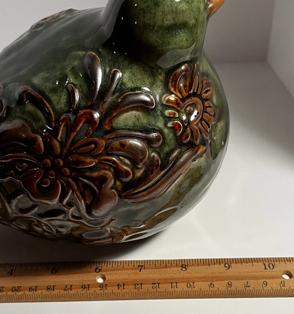 Large Ceramic Green Bird Figurine Brown Floral Glazed 6" Tall 6
