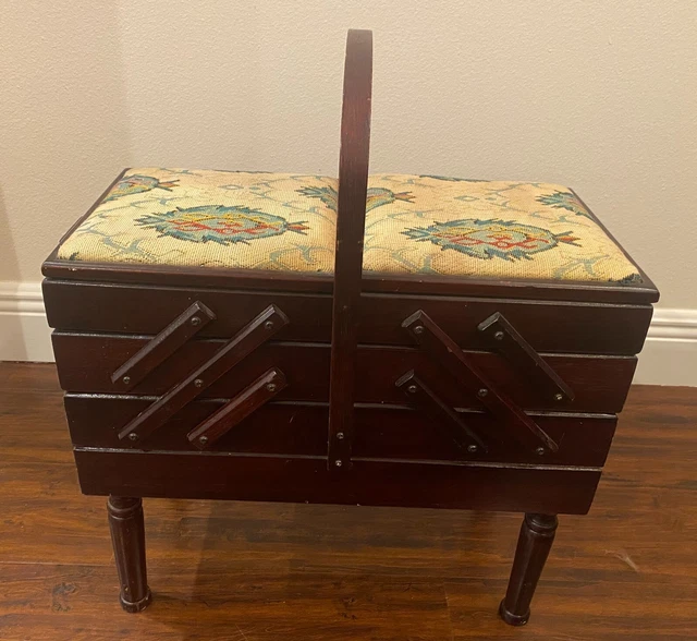 VINTAGE TAPESTRY ACCORDION Fold Out 3Tier Wood Dovetail Sewing Box