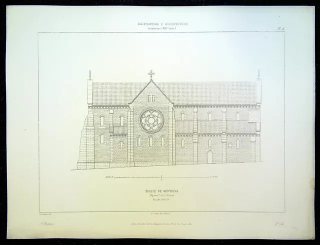 Ancienne Gravure d'Architecture - Eglise de Montréal (Yonne) Façade latérale