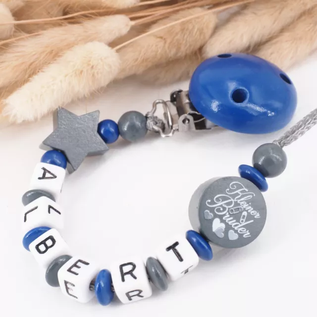 Schnullerkette mit Namen ★ kleiner Bruder ★ Stern blau grau Babygeschenk Junge