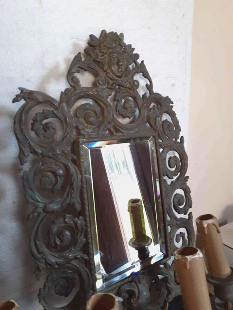 Ancienne paire d'appliques murale 3 feux , en bronze , avec miroir Renaissance 5