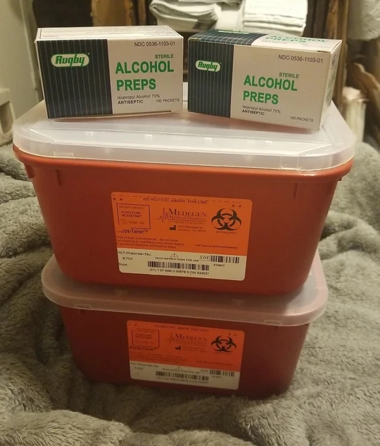 Lot of 2 Medegen Sharps Container 1 gallon with 100 alcohol pads each