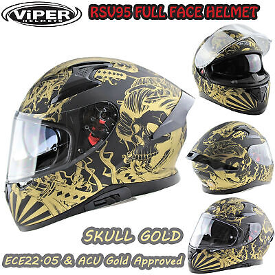VIPER SKULL GOLD Full Face Motorcycle Motorbike Pinlock Ready Crash Race Helmet