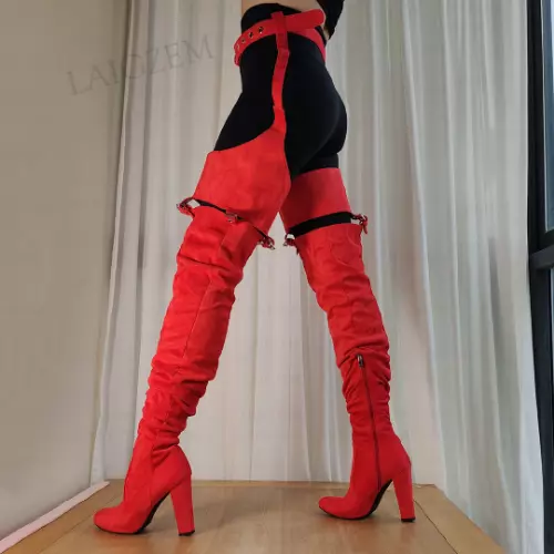 Women Thigh High Boots Round Toe Side Zip Faux Suede Waist Belted Heels Boots 2