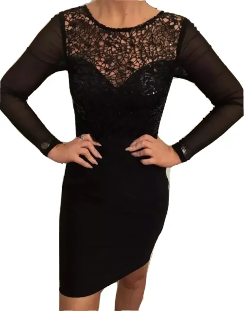 Lipsy Sequin Bodycon Dress 10 Black Long Sleeve Evening Occasion Party Wedding