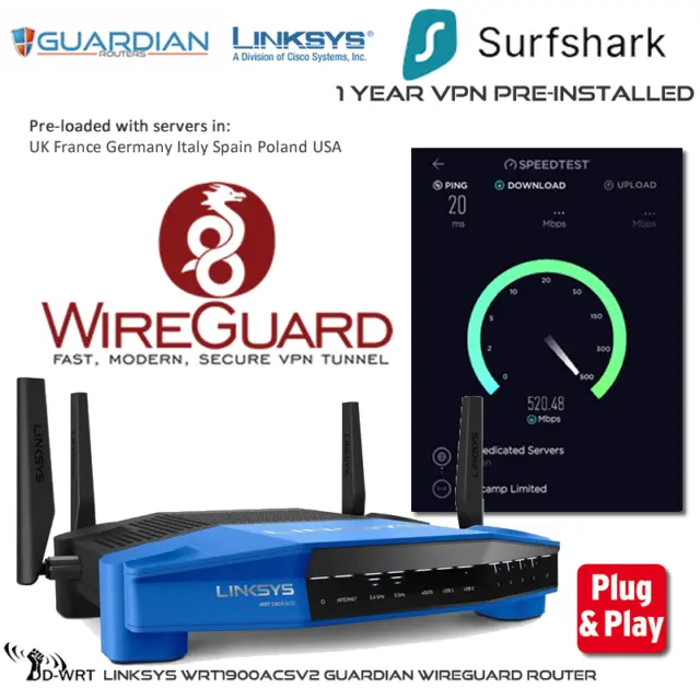 Linksys WRT1900ACS Pre-Configured Guardian Wireguard VPN Router +1Yr Surfshark