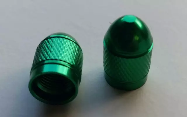 2 x Metallic GREEN Metal Steel Dust Valve Wheel Tyre Caps (DC4) Motorbike P