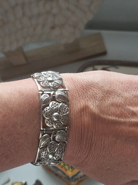 Bracelet Ancien En Argent Massif Et Pierre Dure - Bijou Vintage Occasion