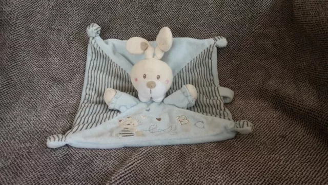Doudou Semi Plat Lapin  Bleu Beige Marron Broderies ABC  Nicotoy