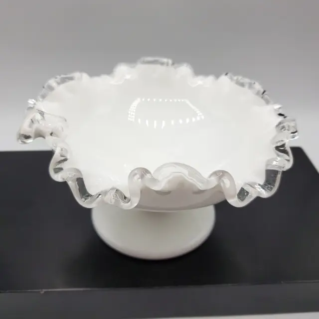 Vintage Fenton Silver Crest Milk Glass Low Footed Clear Ruffle Edge Compote Bowl