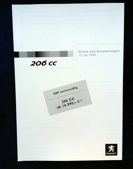 PEUGEOT 206 CC, price list from 15.07.2004, 206 CC and platinum £4.89 ...