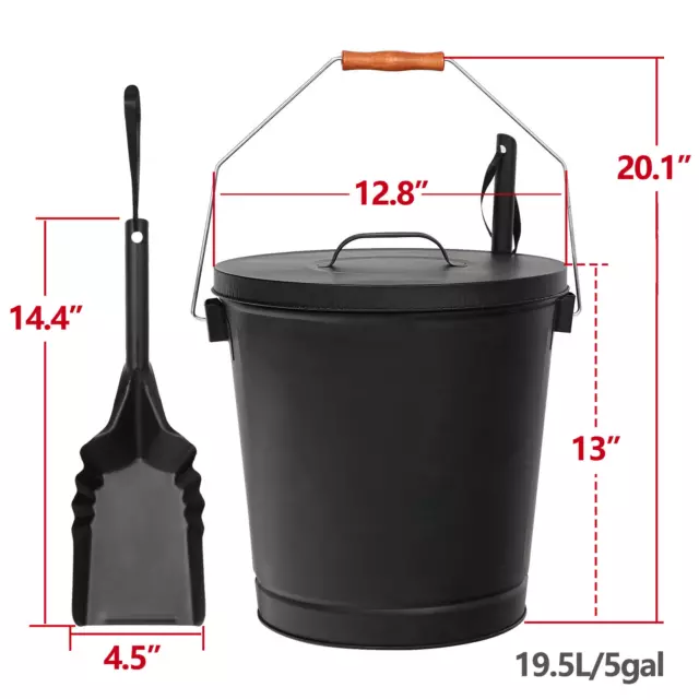 5 Gallon Black Metal Fireplace Ash Bucket With Shovel Lid Cover Fire Pits Home