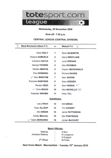 Teamsheet - West Bromwich Albion Reserves v Walsall Reserves 2009/10