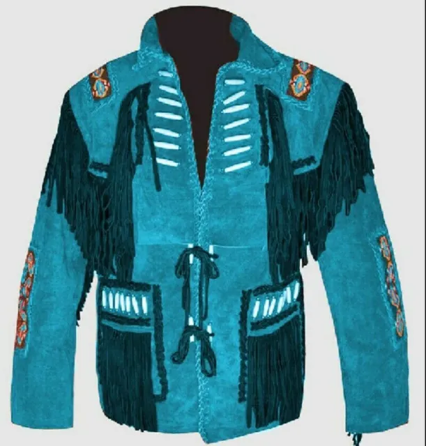 Men's Traditional Native Cowboy Western Suede Leather Jacket Fringe Bone & Beads