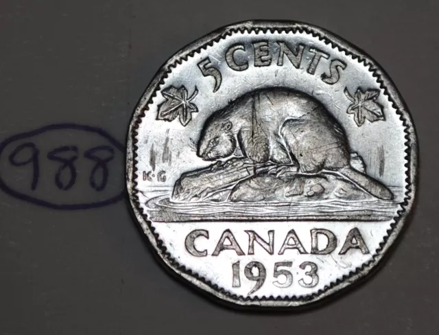 Canada 1953 5 cents SF Near Five Cents Nickel Shoulder Fold Near Lot #988