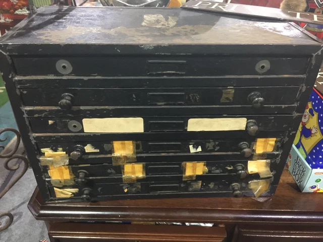 Delightful Old Metal Printers Bench Chest Full Of Brass Print Plates