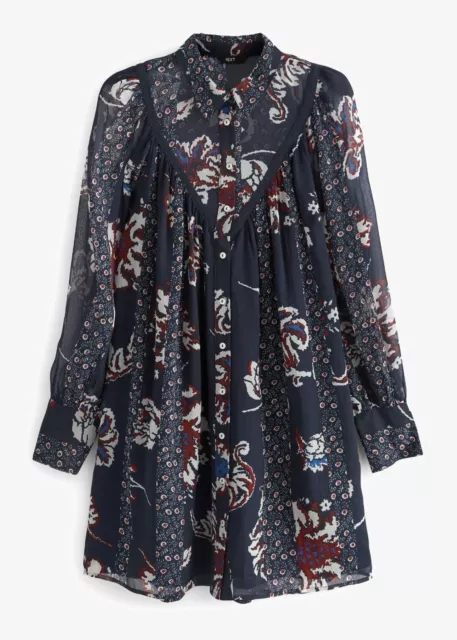 Stunning Next Shirt Dress Navy Print Oversized Size 20 With Collar Long Sleeve