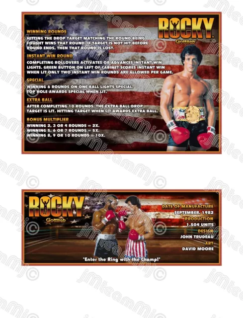 Gottlieb Rocky 1982 Instructions Cards Flipper Custom Pinball