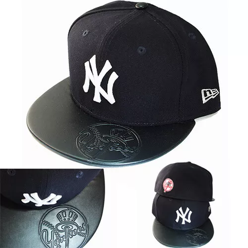 New Era MLB New York Yankees Navy 5950 Fitted Hat Faux Leather Visor Size 7 7/8