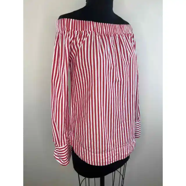 PINKO RED WHITE Stripe Off-the-Shoulder Long Sleeve Cotton Blouse Size ...