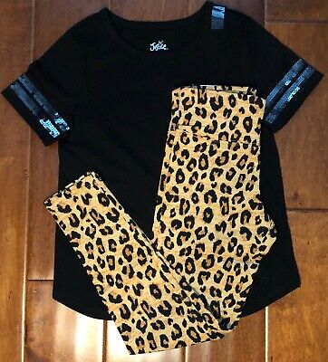 Nwt Justice Girls 8 10 14 Outfit~Black Sequin Football Tee / Leopard Leggings