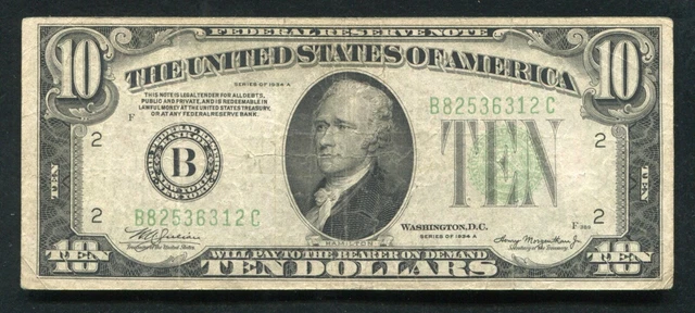 1934-A $10 Ten Dollars Lgs Light Green Seal Frn New York, Ny Very Fine
