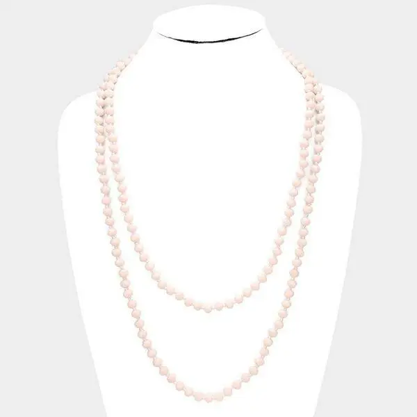60" Long Nude Color Facet Crystal 8mm Beaded Knotted Wrap Around Necklace