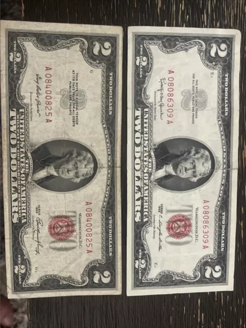 🔥🔥1963 $2 US Red Seal & 1953 $2 US Red Seal Jefferson Old Note Bill🔥🔥