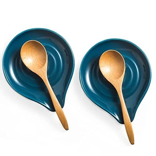 Ceramic Spoon Rest for Stove Top - Large Spatula Holder (Set of 2, Blue)