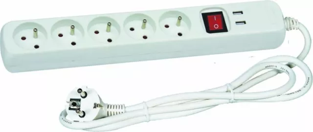 Bloc multiprise avec interrupteur 5 prises 2P+T et 2 prises USB 5V DC - Cordon H