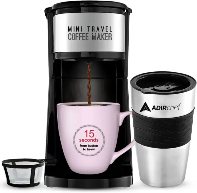 Adirchef Mini Travel Single Serve Coffee Maker & 15 Oz. Travel Mug Coffee Tumble