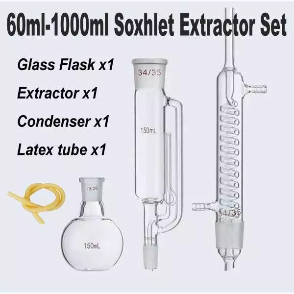 60ml - 1000ml Soxhlet Extractor Kit Extraction Lab Glassware Flask Condenser