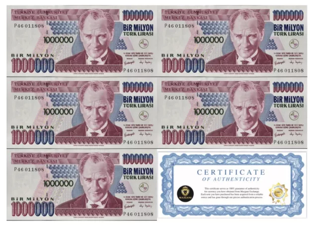 TURKEY 1,000,000 Lira qty 5 (5 MILLION Total) 1970-2002 UNC BANKNOTE + COA