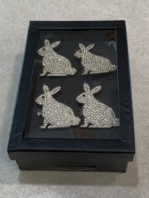 Tahari Home Easter Rabbit Bunny Rhinestone Silver Napkin Rings Set of 4 New