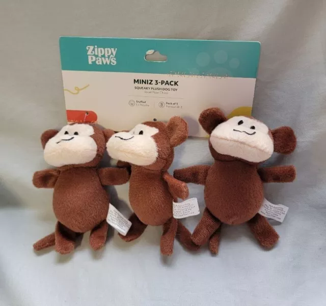 Zippy Paws Miniz 3-Pack Plush Squeaky Toys For Dogs Monkeys New with Tags
